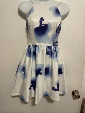 Fancyinn White Dress with Blue Watercolor Floral Print - Sleeveless Skater Style